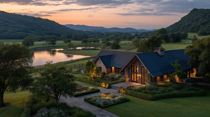 Naklejka premium Serene Lakeside Residence at Dusk: A stunning house stands on a waterfront estate, with the soft glow of dusk accentuating the luxury of architecture.