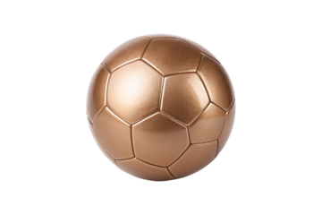 Bronze copper metallic soccer football ball classic sports equipment recreational game sphere, isolated on a transparent background