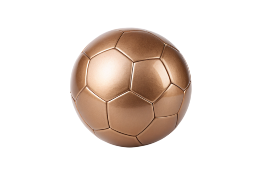 Bronze copper metallic soccer football ball classic sports equipment recreational game sphere, isolated on a transparent background