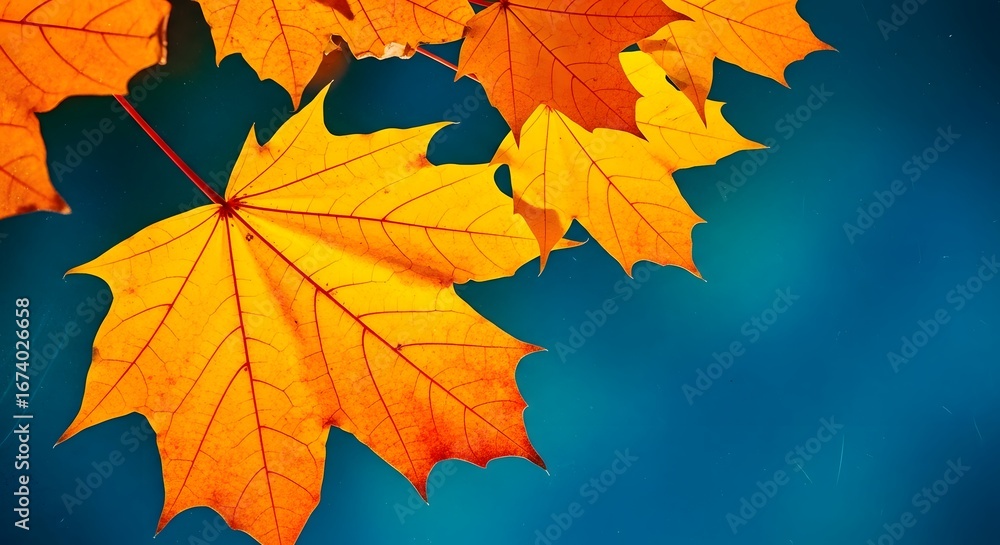 Poster golden autumn forest with falling maple leaves and sunbeams illuminating the mosscovered roots of a 