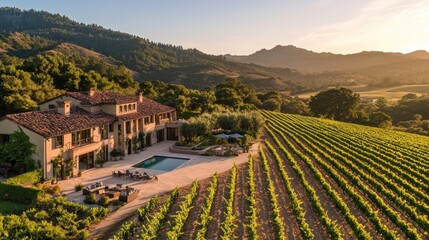 Aerial view of luxury villa with pool and vineyard.