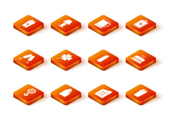 Set Industrial hook, Household chemicals bottle, Glasses of champagne, Four leaf clover, Canister for gasoline and Lighter icon. Vector