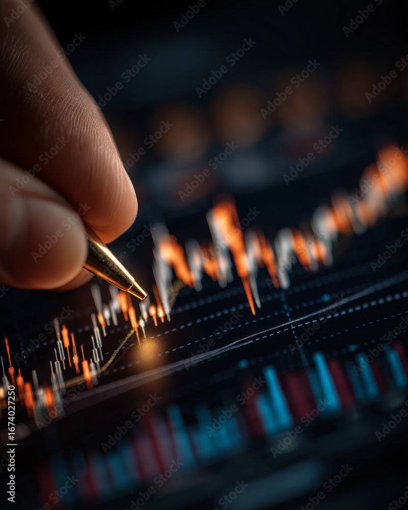 Aufkleber analyzing the market: a close-up shot of a hand using a pen to analyze complex stock market data dis