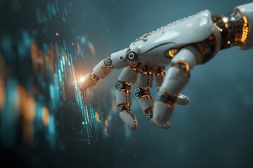  Futuristic robotic hand interacting with digital data visualization, artificial intelligence and technology innovation concept background