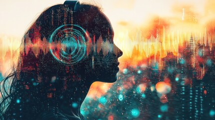 Woman listening music, headphones, city skyline, sunset, double exposure.