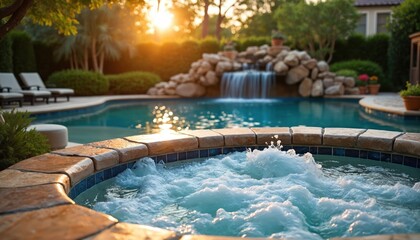 Luxurious backyard features sparkling swimming pool with rock waterfall, adjacent bubbling hot tub. Serene outdoor oasis perfect for summer relaxation, vacations, hydrotherapy. Enjoy warm sun,