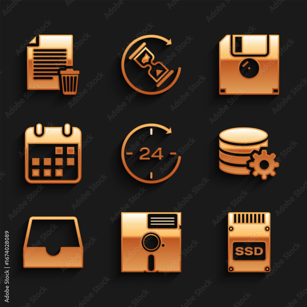 Poster set clock 24 hours, floppy disk in the 5.25-inch, ssd card, setting database server, social media in