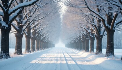 Snow-covered trees line quiet, narrow road stretching into foggy winter expanse. Fresh tracks mark path through serene, frosty landscape. Sunlight filters through mist, creating atmospheric, peaceful