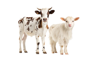 Young calf and goat standing together, brown spotted cow, white fluffy kid, isolated on a transparent background
