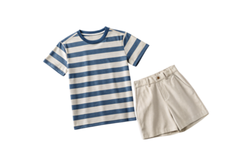 Blue striped cotton t-shirt and beige chino shorts summer clothing combination, isolated on a transparent background