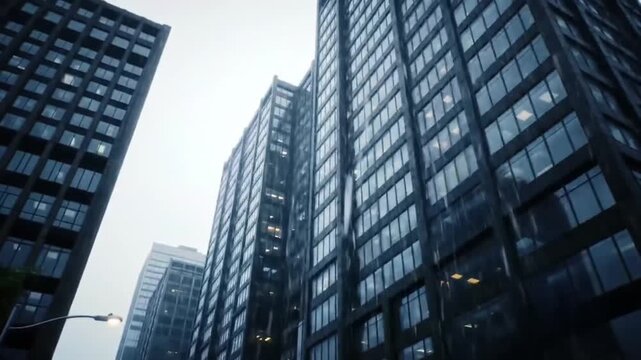 Urban rain reflections on modern architecture, captivating cityscape visuals of towering buildings