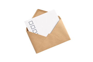 Open brown envelope containing white document with three empty checkbox squares, isolated on a transparent background