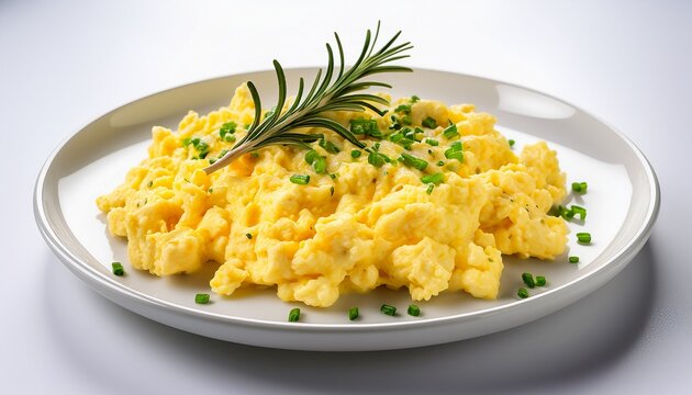 this image displays a plate of creamy scrambled eggs garnished with finely chopped chives and a sprig of fresh rosemary served on a simple white plate against a white background the eggs appear fluf
