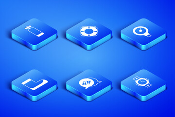 Set Diving watch, Aqualung, Flippers for swimming, Boots, Lifebuoy and Gauge scale icon. Vector