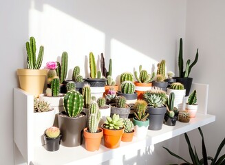 an image of a shelf with many potted plants on it, there is a shelf with many different types of cactuses on it