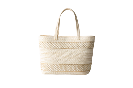 Cream colored woven rope tote bag with geometric striped pattern design, isolated on a transparent background