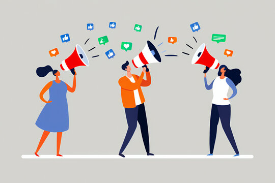 A diverse group of people using megaphones to spread messages and notifications on social media.