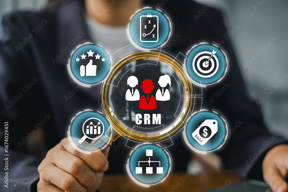Poster business professional interacting with a crm interface, showcasing customer relationship management 