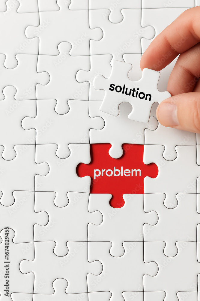Poster problem and solution represent challenge and answer to fix difficulty and resolve every gap smoothly