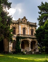 Aged mansion in a sunlit park