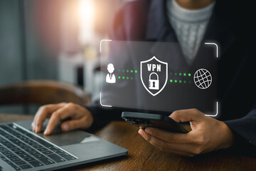 Digital illustration of VPN technology ensuring secure online privacy and data protection on laptop...