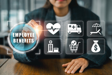 Visual representation of employee benefits including health, vacation, and financial perks,...