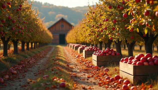 Autumn apple orchard presents vibrant harvest scene with ripe red apples in wooden crates. Rows of trees display golden foliage under soft sunlight. Rustic barn sits in background, enhancing rural