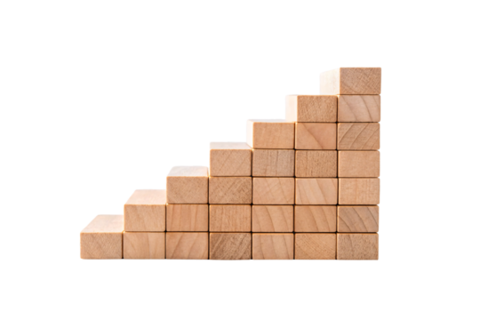 Wooden blocks arranged in ascending pyramid staircase formation showing natural wood grain texture, isolated on a transparent background - Powered by Adobe