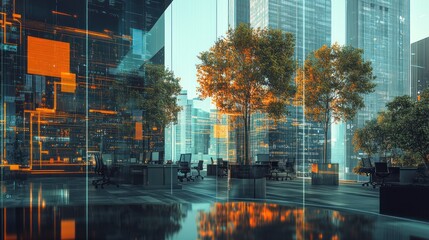 Futuristic office interior with trees and city view.  Digital overlay