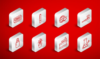 Set line Glass bong for smoking cannabis, Marijuana joint, Legalize marijuana globe, Smoking pipe, Manual grinder, Cannabis molecule, plant and olive oil icon. Vector