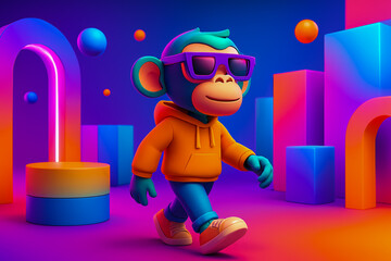Colorful cartoon monkey character walking in vibrant geometric s