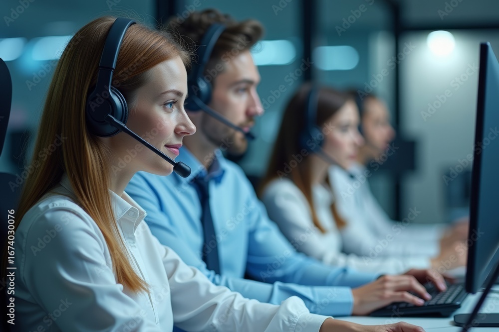 Poster young team of customer support phone operators working alongside a humanoid robot in an office setti