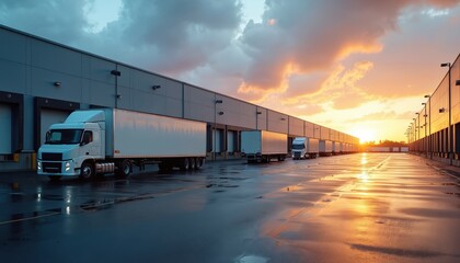 Obraz premium Logistics facility features multiple trucks parked at loading docks during vibrant sunset. Wet tarmac reflects colorful sky. Modern warehouse exterior under dramatic clouds. Shows efficient supply