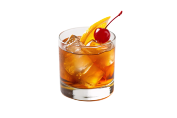 Classic whiskey cocktail in rocks glass with ice cubes, orange peel garnish and maraschino cherry, isolated on a transparent background