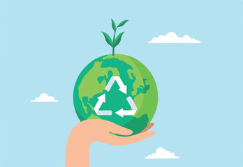 Flat illustration of hand hold green earth globe with recycle symbol sustainability renewable energy effort save world climate change global warming environmental safe