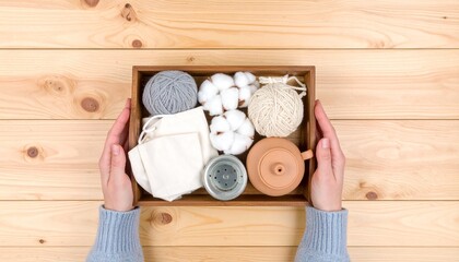 Hands Offering a Curated Box of Cozy Natural Crafts and Teaware