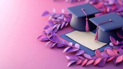 Graduation caps, diploma, floral background, celebration, 3D render, stock image