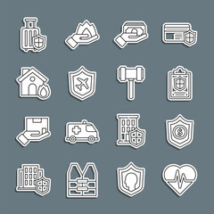 Set line Health insurance, Shield with dollar, Document shield, Stacks paper money cash, Plane, Fire burning house, Travel suitcase and Judge gavel icon. Vector
