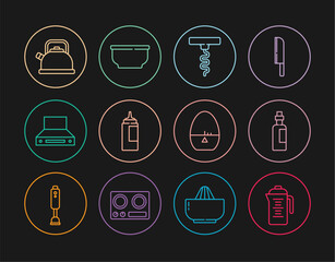 Set line Teapot, Bottle of olive oil, Wine corkscrew, Sauce bottle, Kitchen extractor fan, Kettle with handle, timer and Bowl icon. Vector