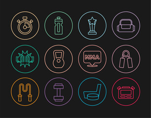 Set line Stopwatch, Sport expander, Award cup, Kettlebell, Punch in boxing gloves, Fight club MMA and Fitness shaker icon. Vector