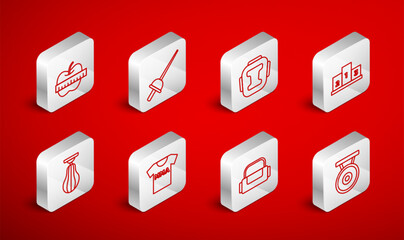 Set line Gong, Fencing, Boxing helmet, Award over sports winner podium, Sport bag, Apple and measuring tape, T-shirt with fight club MMA and Punching icon. Vector