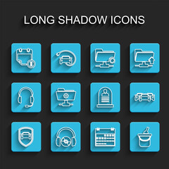Set line Car protection or insurance, Headphones and CD DVD, Calendar clock, Bottle of wine bucket, FTP settings folder, Cars and Tombstone with RIP written icon. Vector