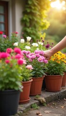 Hand transplants bright pink and yellow flowers into pots on sunny day. Outdoor summer cottage activity. Gardening hobby with earth, plants, flora, and greenery. Protective gloves used.
