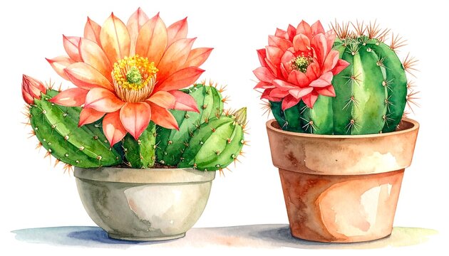 Watercolor painting of two potted cacti with vibrant orange flowers.