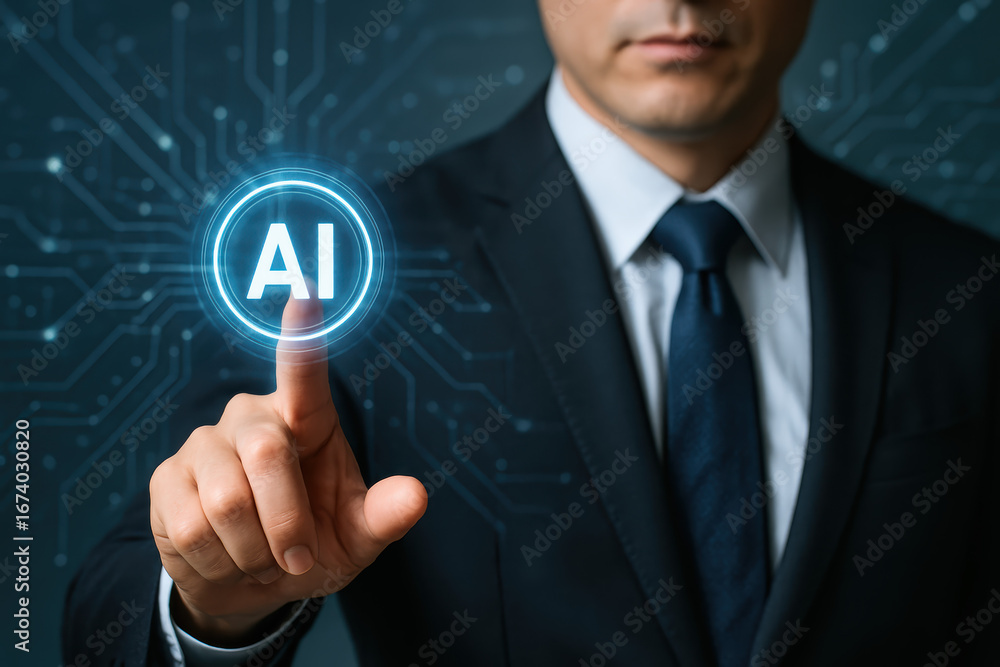 Poster artificial intelligence and business technology combine with digital innovation to create futuristic