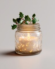 Candle in jar, Holly, Christmas decoration, home decor, soft light, holiday cheer