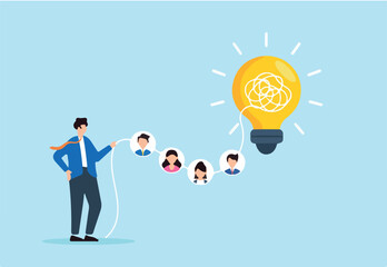 Flat illustration of businessman transforming tangled team connections into glowing structured idea during strategic brainstorming session