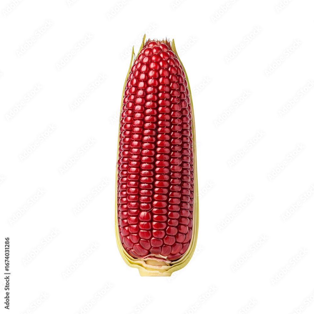 Poster red corn cob stands upright, showcasing its vibrant color and rows of kernels against a isolated bac