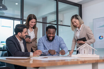 multiracial business team,executives board group working on corporate property investment having discussion on conference table in meeting room