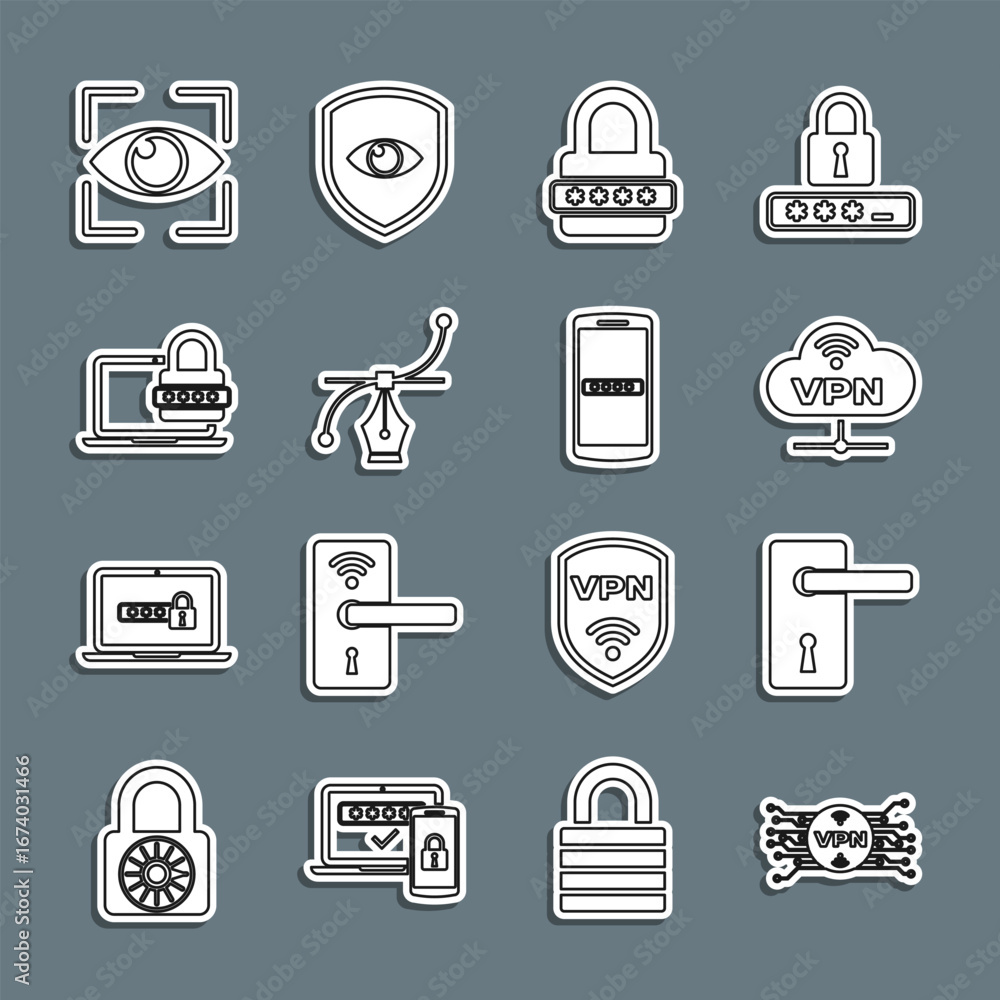 Poster set line vpn with microchip circuit, door handle, network cloud connection, password protection, bez
